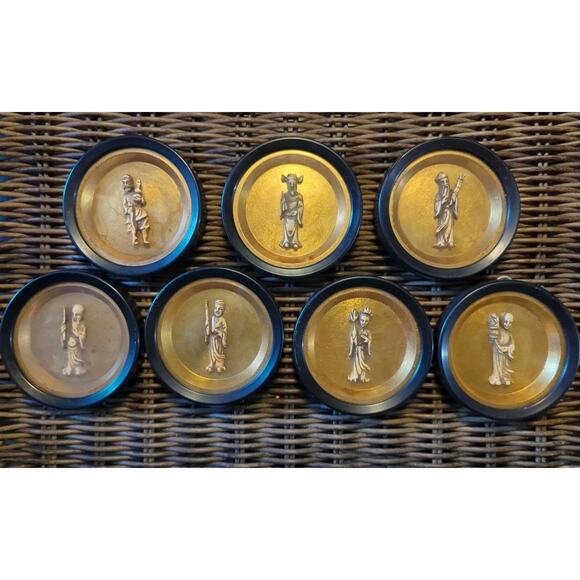 Vintage Chinese Immortals Asian Drink Coasters Barware Collectible Set of 6 - Picture 1 of 7